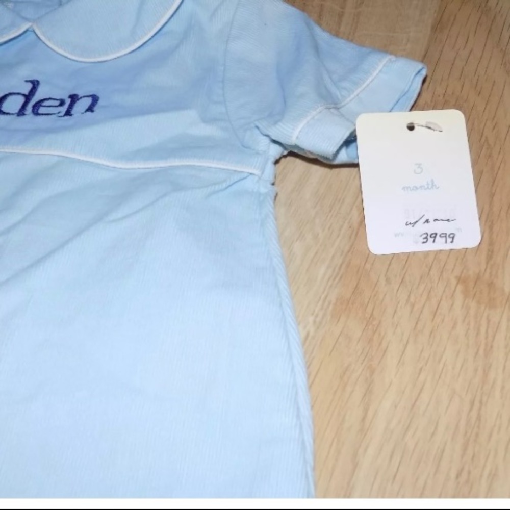 Size 3 Months Petit Ami Light Blue Corduroy One-Piece Romper BRADEN Embroidered - Picture 3 of 5